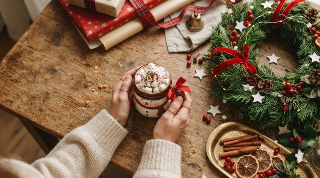 A person is holding a mug of hot chocolate with marshmallows. The mug is wrapped with a red and white ribbon.