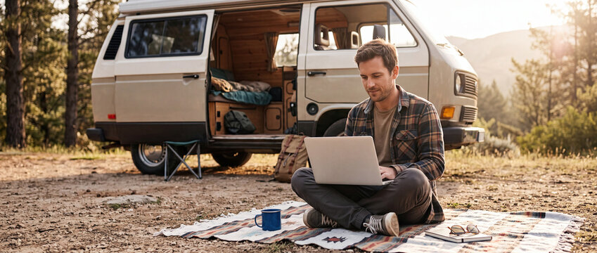 Remote Freelancer Working on Laptop Beside Camper Van