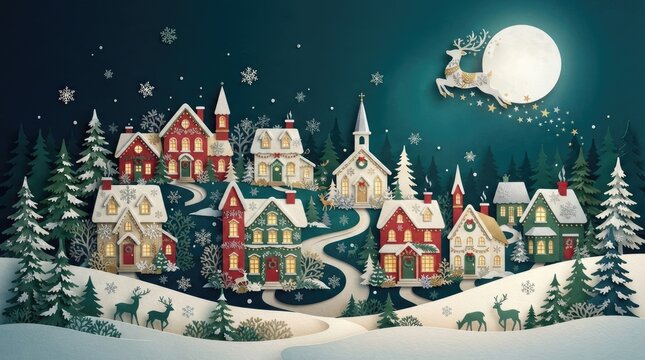 A charming winter village scene is depicted against a deep teal night sky. A large, luminous moon dominates the upper portion of the image, casting a soft glow on the snow-covered landscape.