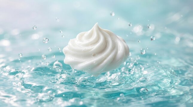 A swirl of white cream floats on a body of water, creating ripples and splashes. The cream is centered in the frame, with water droplets surrounding it.