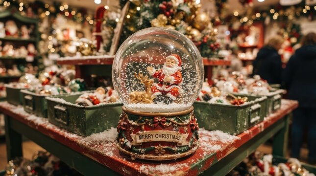 A festive snow globe sits on a wooden display table amidst a Christmas market. The snow globe features Santa Claus and a reindeer, creating a charming winter scene.