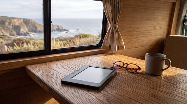 EReader and Glasses on Camper Table with Coastal View