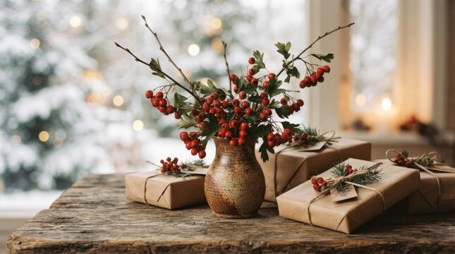 A rustic wooden table displays a ceramic vase filled with vibrant red berries and branches. Wrapped gifts are placed beside the vase, adorned with twine and small evergreen sprigs.