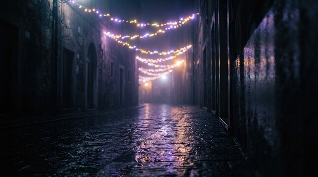 Purple and white string lights illuminate a narrow, cobblestone alleyway at night. The lights stretch across the alley, casting a warm glow on the wet pavement.