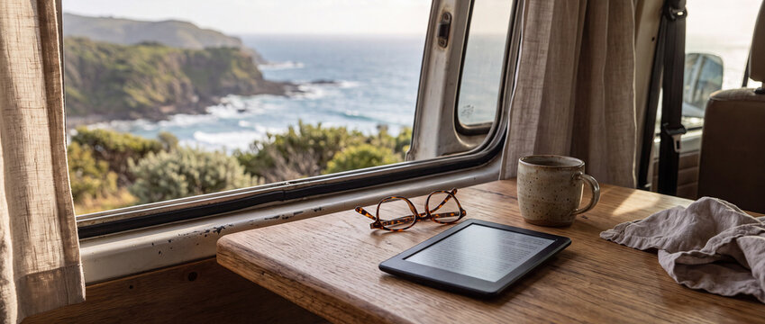 EReader and Glasses on Camper Table with Coastal View