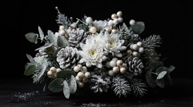 A luxurious, monochromatic floral arrangement dominates the image. A large, white chrysanthemum is the focal point, surrounded by frosted pinecones, silver berries, and delicate eucalyptus leaves.