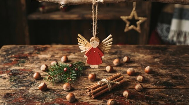 A rustic wooden angel ornament hangs from a piece of twine. The angel is crafted from wood and painted in red and gold.