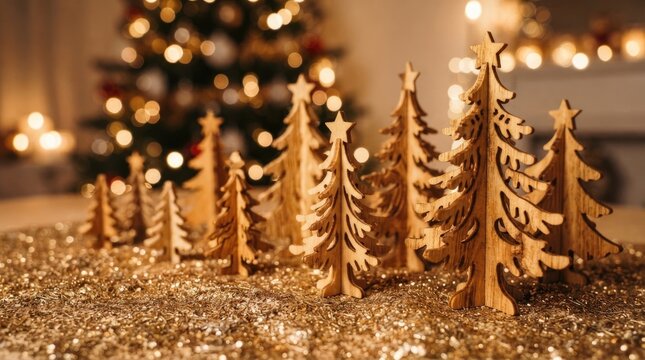 A collection of small wooden Christmas trees stands on a bed of shimmering gold glitter. The trees are decorated with tiny wooden stars.