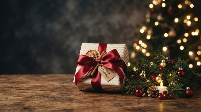 A wrapped gift sits on a wooden table, adorned with a small evergreen branch and a lit candle.
