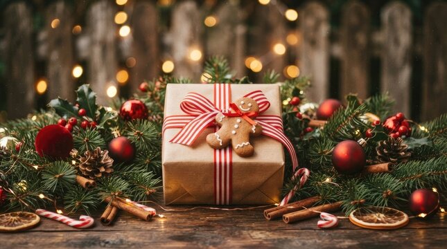 A beautifully wrapped gift box sits amidst a festive Christmas arrangement. The gift is adorned with a gingerbread man and a red and white striped ribbon.