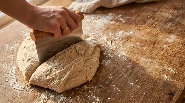 Hand cutting raw bread dough with a steel bench scraper on wood table