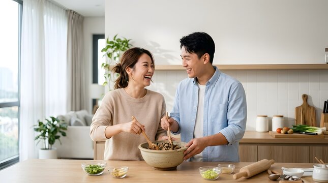 Happy Asian couple laughing while mixing ingredients in a home kitchen