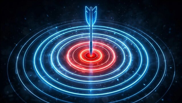 A glowing target with a neon blue arrow striking the red bullseye center, dark black background with glowing concentric rings, precision and accuracy theme, photorealistic 3D render, wide 16:9 composi