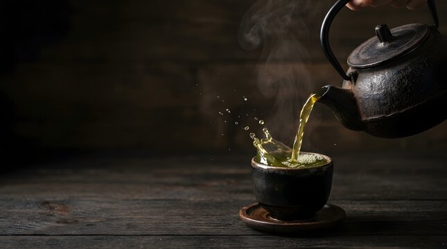 Hot green tea pouring from a rustic iron kettle into a ceramic cup