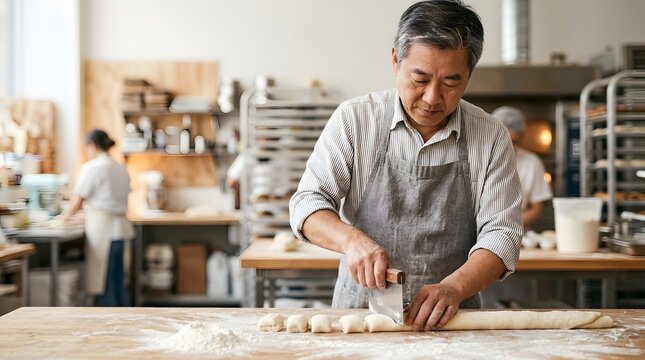 Mature male baker cutting raw bread dough on table in bakery kitchen