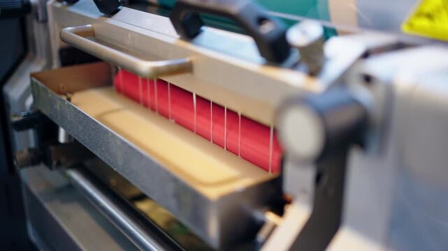 Narrow label webs pass over a roller during RFID label converting and finishing, showing automated web handling in an industrial identification tag production line.