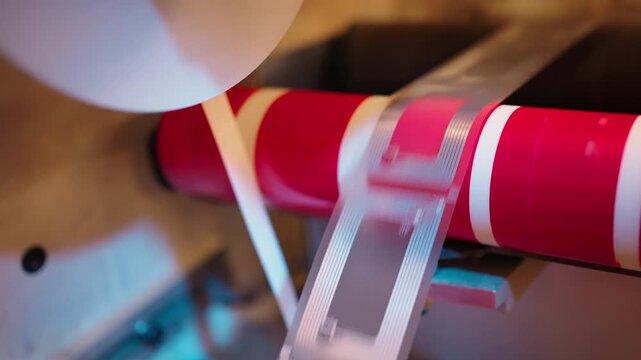 Close-up of RFID antenna inlays passing over a roller during continuous roll-to-roll converting and smart label manufacturing on an automated production line.