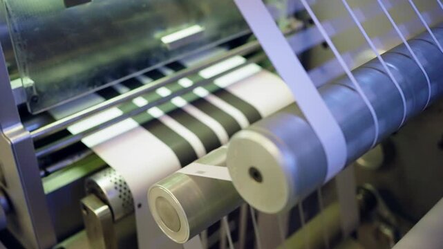 Printed label web moves through an automated converting machine during RFID and identification label production, showing precision roll handling and finishing.