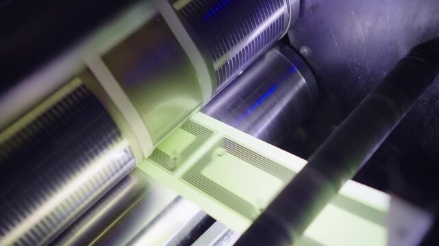 RFID antenna inlays travel between precision rollers during automated roll-to-roll processing for high-volume smart tag and identification label manufacturing.