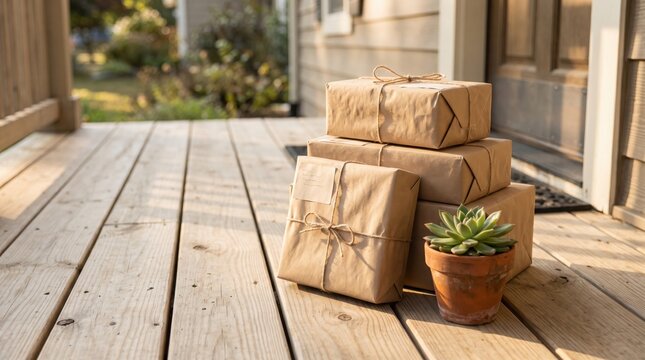 Stacked brown paper parcels and potted succulent on wooden porch at