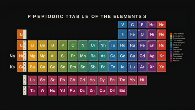 A colorful periodic table of elements displayed on a black background. This graphic is useful for science education or chemistry research projects.