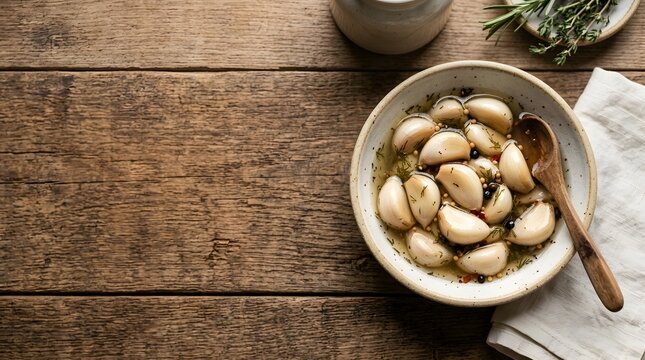 Pickled Garlic Cloves In A Ceramic Bowl On A Rustic Wooden Table