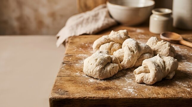 Raw artisan dough knots ready for baking on a rustic wooden board