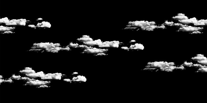 Set of various white clouds isolated on a black background