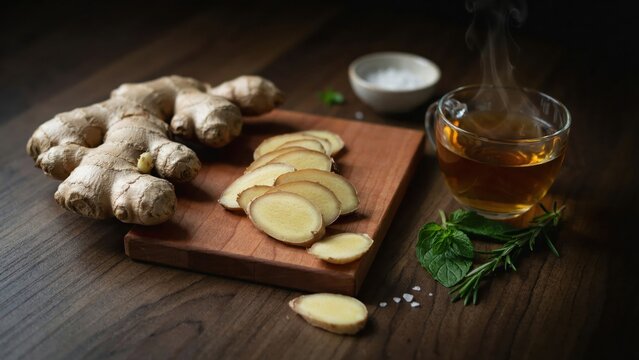 Fresh ginger root and slices on a wooden board next to hot steaming herbal tea. Perfect for healthy living, wellness, and holistic immunity concepts.