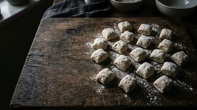 Raw dough pieces arranged on rustic dark wooden board with wheat flour