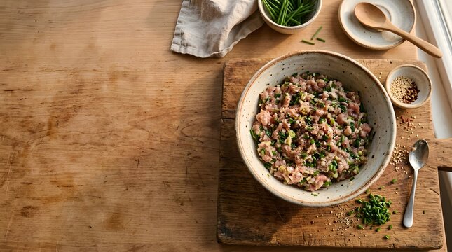 Raw minced meat mixture with chives in a ceramic bowl on wooden table