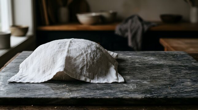 Raw yeast dough resting under white towel on dark marble counter