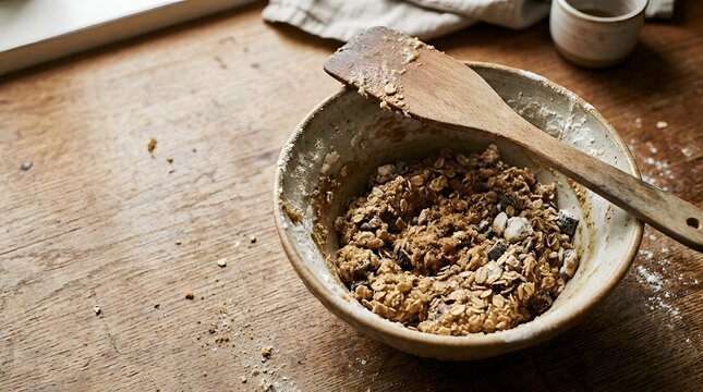 Rustic ceramic bowl filled with raw oatmeal cookie dough on wooden table