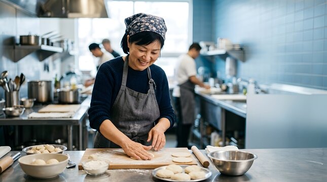 Smiling baker kneading fresh dough in a busy professional kitchen