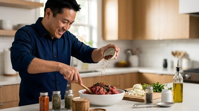 Smiling asian man seasoning raw ground meat in a bright modern kitchen