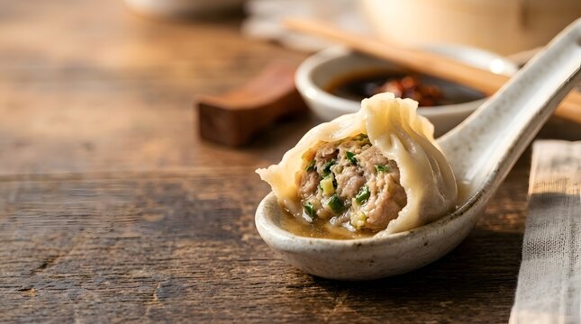 Steamed soup dumpling on a ceramic spoon with meat filling and broth