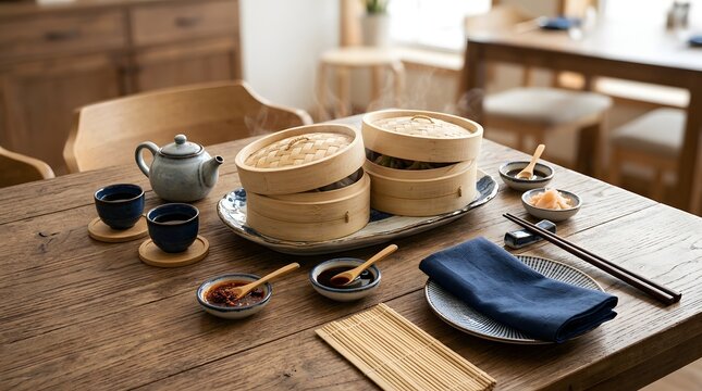 Steaming Bamboo Baskets with Oriental Dumplings on Rustic Timber Table