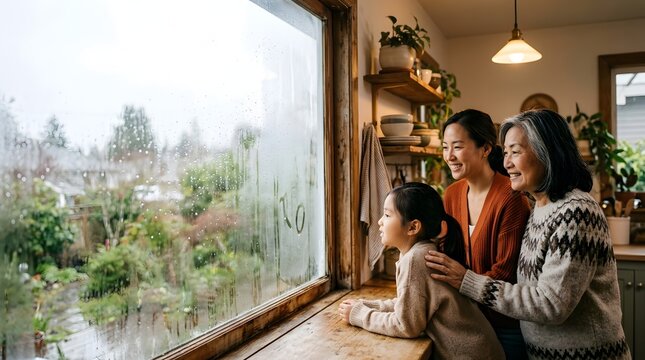Three generations of Asian women looking through a rainy window at home