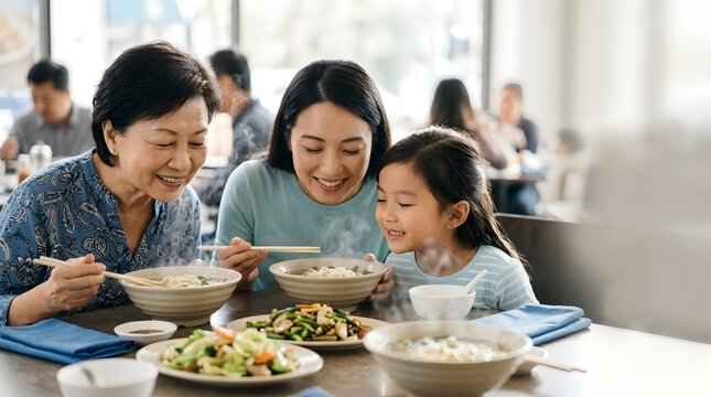 Three generations of women eating hot noodle soup at a restaurant