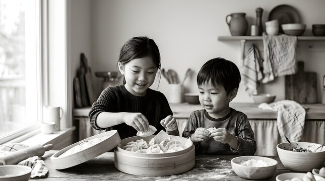 Two happy children preparing handmade dumplings in a home kitchen scene