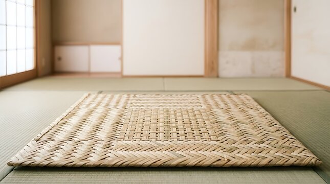 Woven natural straw mat placed on traditional interior floor surface