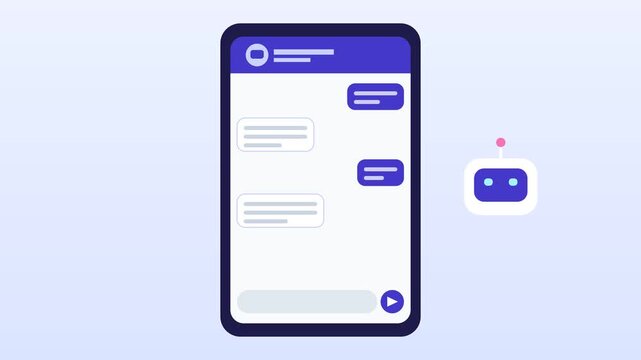 AI chatbot conversation on smartphone, chat bubbles and typing indicator with robot assistant animation