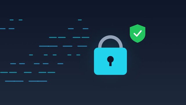 Cybersecurity animation, data stream locking padlock and green shield check, data protection concept