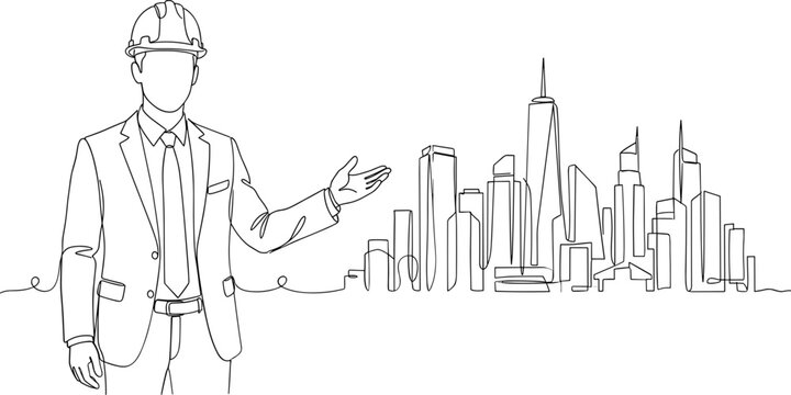 A continuous line drawing of a businessman in a suit and hardhat presenting a city skyline.