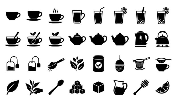 Tea time black silhouette icon set featuring teacup, glass, bubble tea, iced lemon tea, teapot, kettle, tea bag, tea caddy, infuser, strainer, tea leaves, sugar cubes, honey dipper lemon slice symbol.