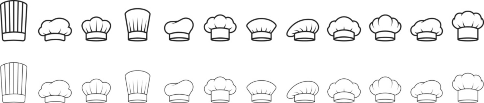 Chef hat toque kitchen cook restaurant icon set collection in black flat and line style editable culinary bakery catering elements group isolated on transparent background vector symbol