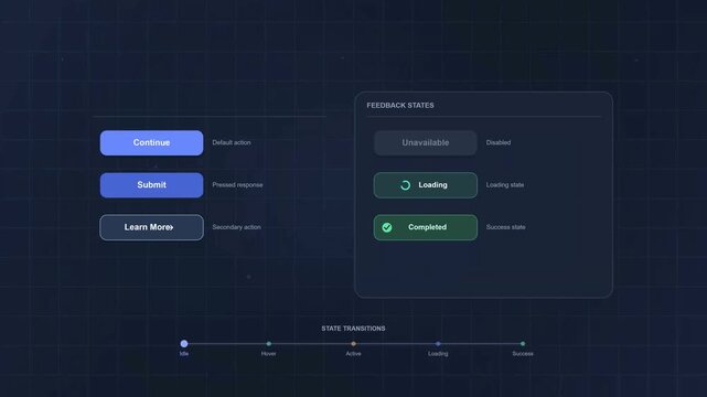 Interactive user interface components showcasing various interactive states for web development and software applications with multiple buttons and navigation indicators displayed clearly