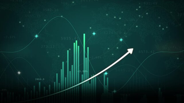 Animated financial charts fluctuate as market figures update and a glowing arrow rises across a world map. Concept of stock market trends, investment growth and global financial analysis.