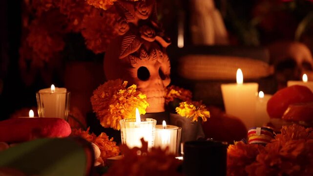 altar de dia de muertos mexicana con candelero de craneo con flores de cempasuchil y mano colocando veladora encendida.