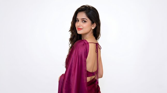 Graceful Indian woman looking over shoulder wearing backless purple silk saree against white studio backdrop